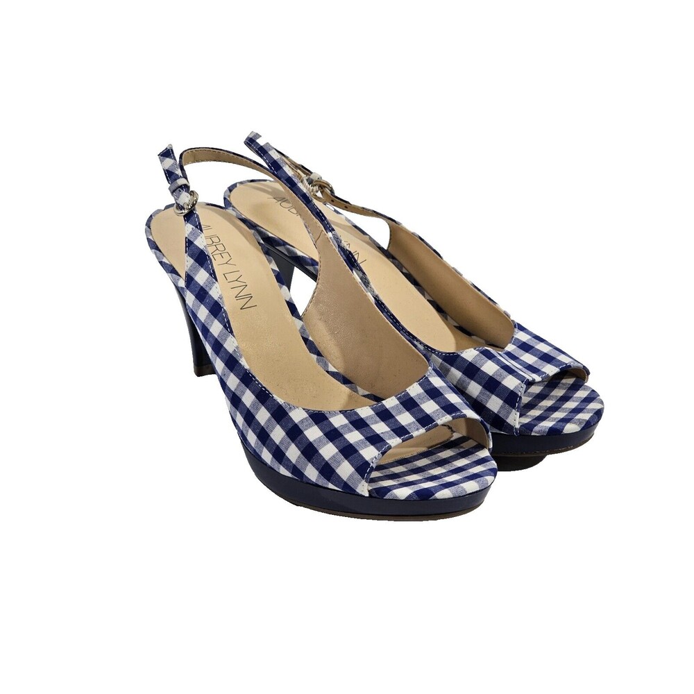 Aubrey Lynn Women's 8 Blue Check Peep Toe Slingback High Heels Shoes NEW NWOB